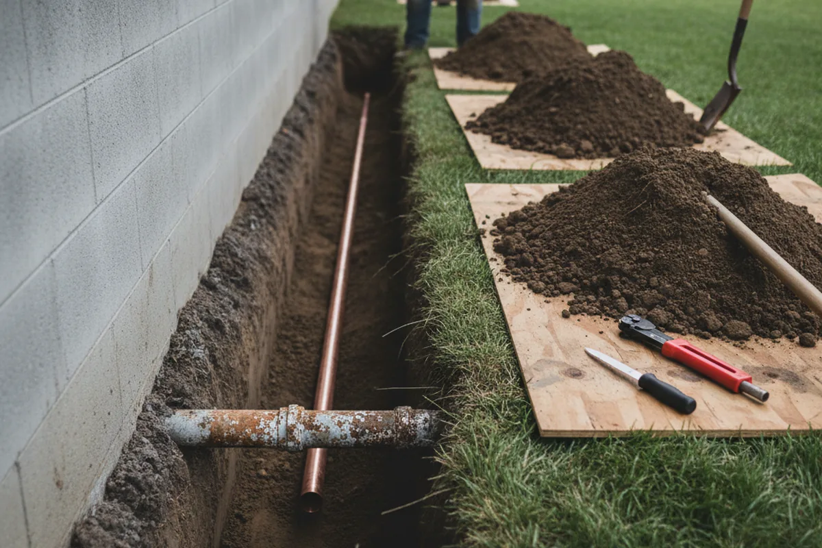 Excavated water line trench during Sewer Line Repair in Pattonsburg